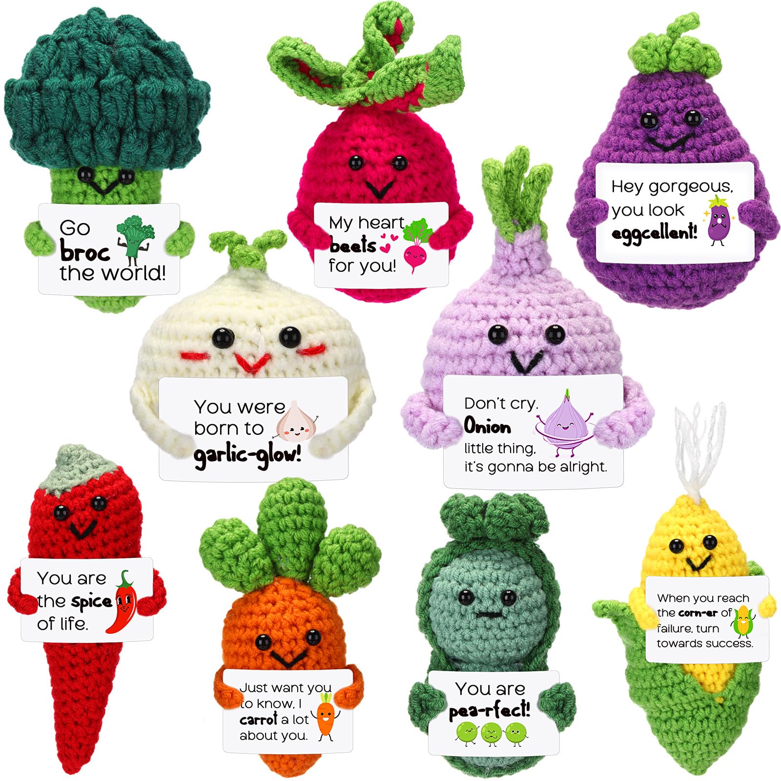 Photo 1 of VioraWhite 9 Pcs Positive Vegetables Crochet with Inspirational Cards Tiny Employee Appreciation Gifts Bulk Cute Woodland Knitted Dolls for Women Coworker Baby Shower Birthday Party Supplies