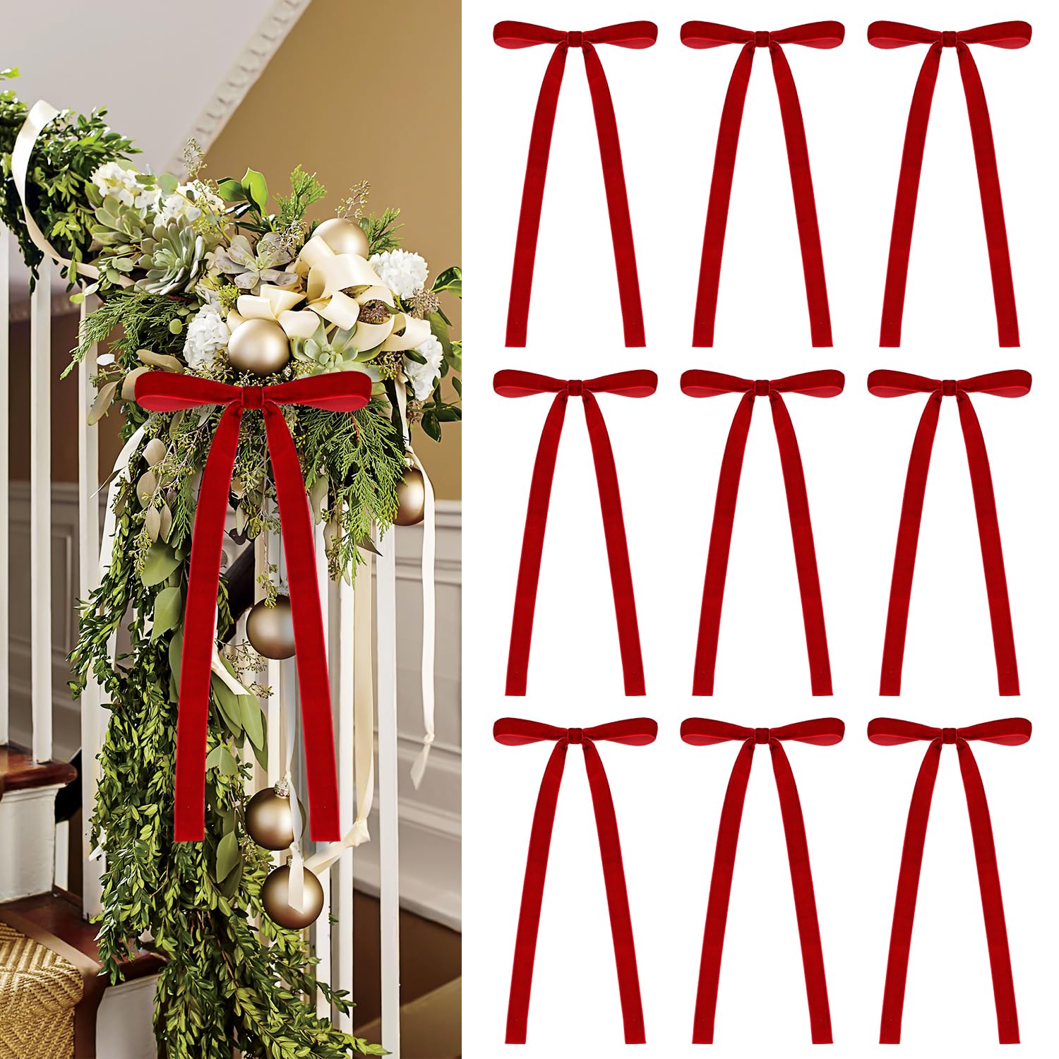 Photo 1 of *2 pack* 20 Pcs Velvet Bows for Christmas Tree - 5.9" x 11.81" Vintage Rustic Ribbon Bow Ornaments for Xmas Gift Wrapping Garland Wreath Window Fireplace Staircase Holiday Wedding Home Decor (20, Red)