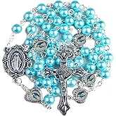 HanlinCC Glass Pearl Beads with Miraculous Epoxy Heart Metal Beads Rosary Necklace pack in Velvet Gift Bag with Rosary Pray Card