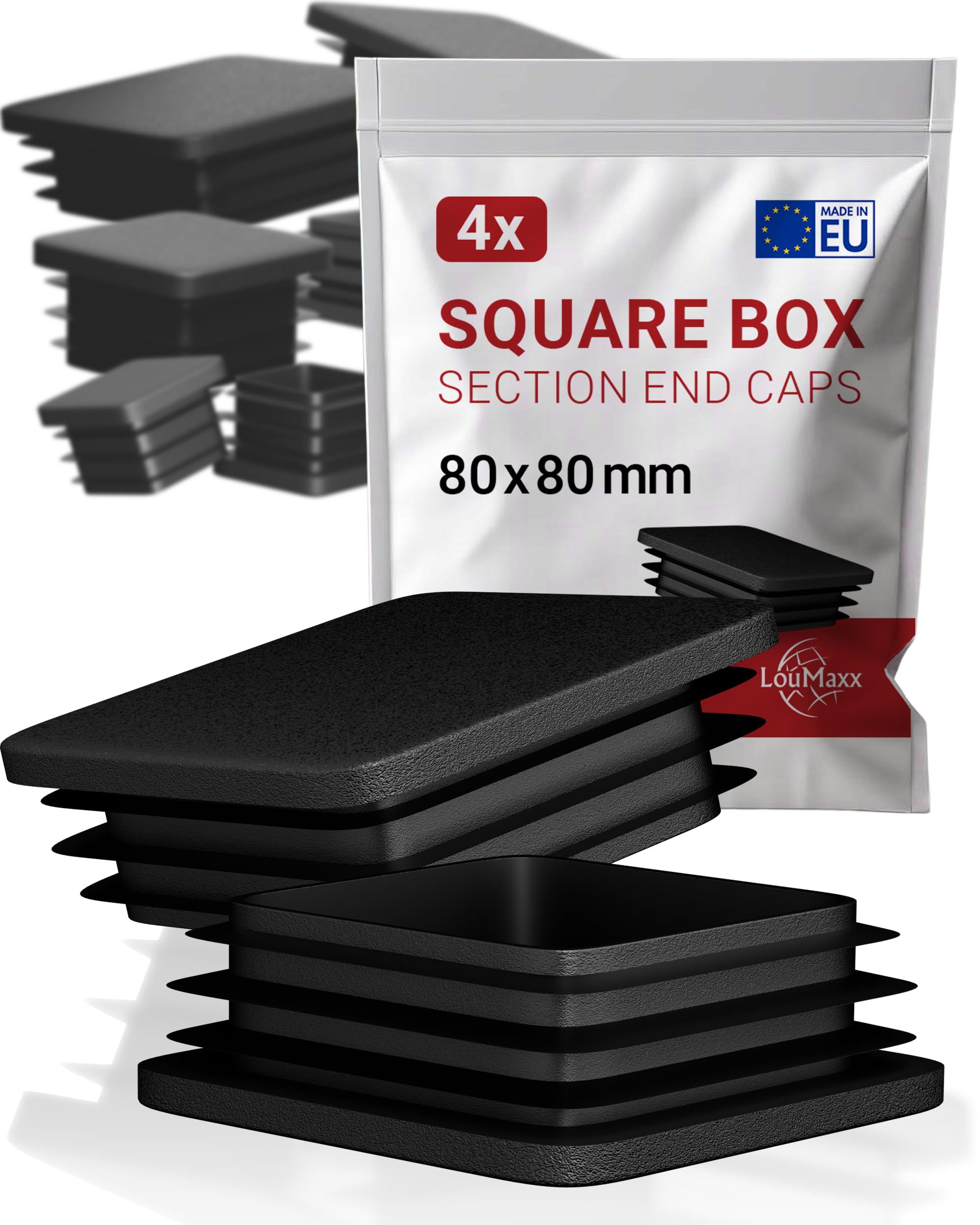 LouMaxx 4 Plastic End Caps 80x80 mm - Black Box Section End Caps - Square Plastic Plugs for Tube Closure