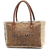 Sel de Mer Canvas Tote Bag for Women with Leather Handles, Shoulder Bag, Casual Everyday Purse, Beach, Travel, Shopping Bag