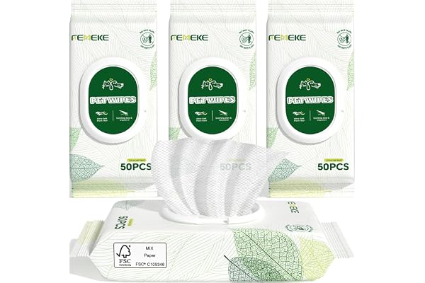 FEMEKE Unscented Dog Wipes & Cat Wipes (4x50 Packs) | Hypoallergenic, pH Balanced for Paws, Body, Eyes & Ears Grooming |All-Natural Plant Fiber Wipes with Aloe & Vitamin E | Pearl Texture