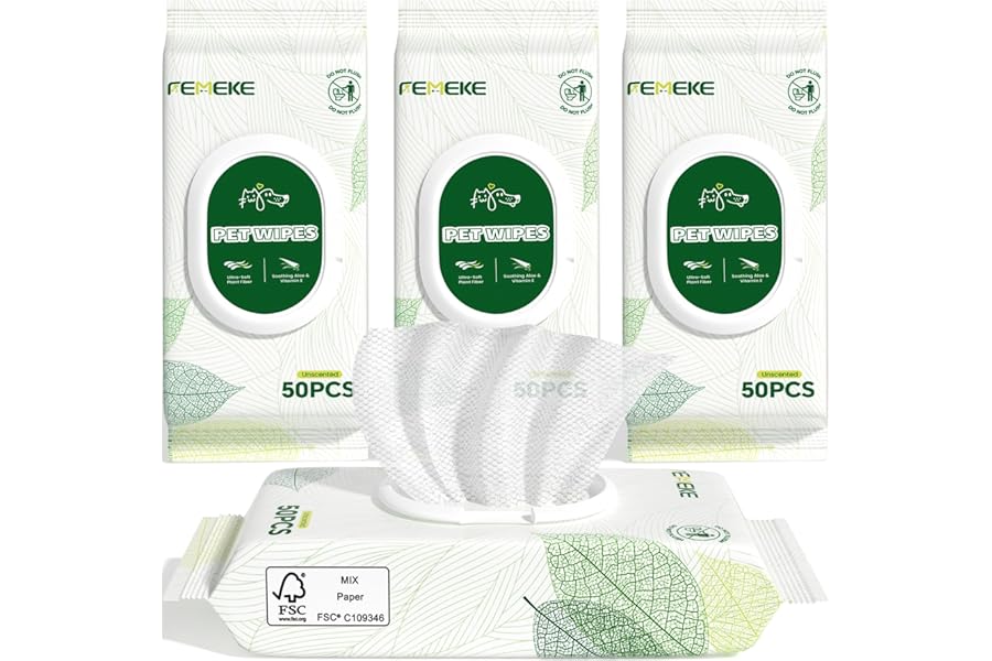 FEMEKE Unscented Dog Wipes & Cat Wipes (4x50 Packs) | Hypoallergenic, pH Balanced for Paws, Body, Eyes & Ears Grooming |All-Natural Plant Fiber Wipes with Aloe & Vitamin E | Pearl Texture