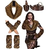 Cuffbow Viking Costume Set - 11 Pcs With Faux Fur Collar, Belt, Leg & Hand Warmers, Medieval Belt Pouch - Accessories for Halloween Party
