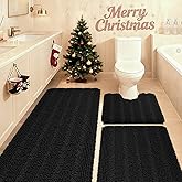 ACCUMTEK Striped Black Bathroom Rug Set 3 Pieces Ultra Soft, Non Slip Chenille Toilet Mat, Absorbent Plush Shaggy Bath Mats for Bathroom, Bedroom, Kitchen