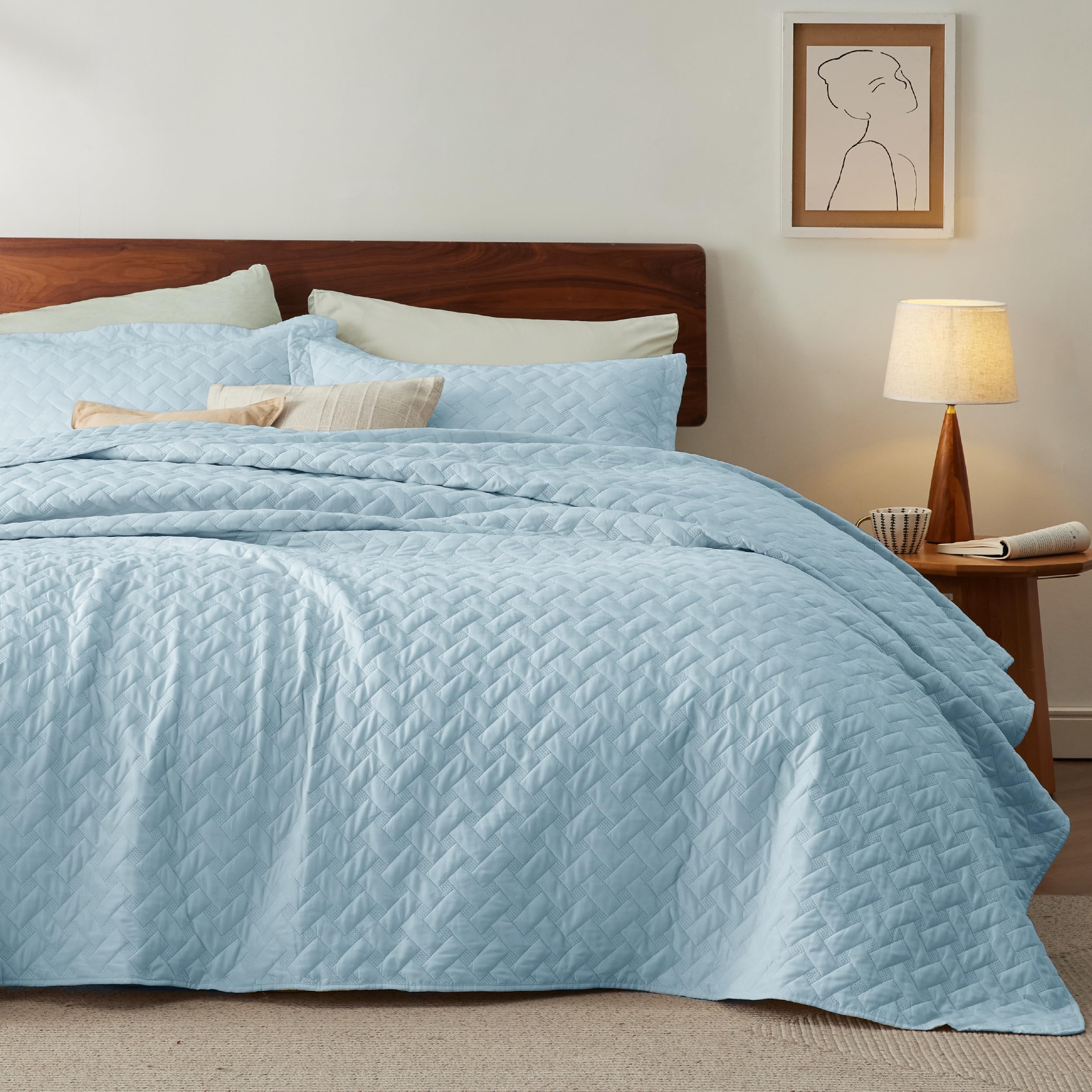 Photo 1 of Bedsure Quilts King Size - Lightweight Bedspreads King Size with Basket Weave Pattern, Soft Quilt Bedding, Sky Blue Comforter Coverlet for All Seasons (106" x 96")