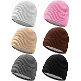 Suhine 6 Pcs Winter Fleece Lined Beanie Hats Bulk Men Women Warm Knitted Cuffed Beanie Thick Knit Skull Cap for Cold Weather