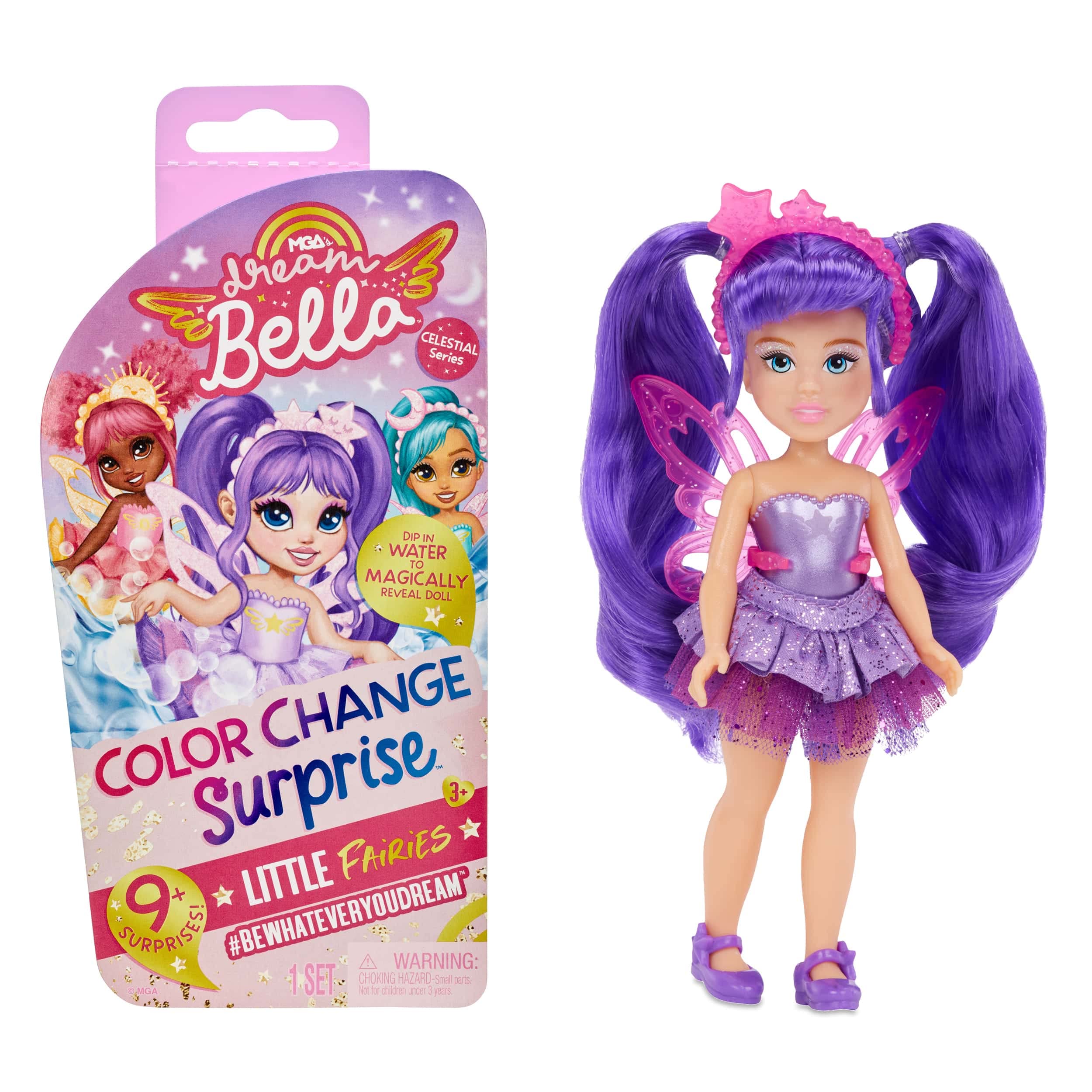 MGA's Dream Bella Colour Change Surprise Little Fairies Celestial Series - AUBREY - 9+ Surprises - Star Inspired Mini Fashion Doll with Iridescent Sparkly Wings, Tiara & Purple Hair - For Kids Ages 3+