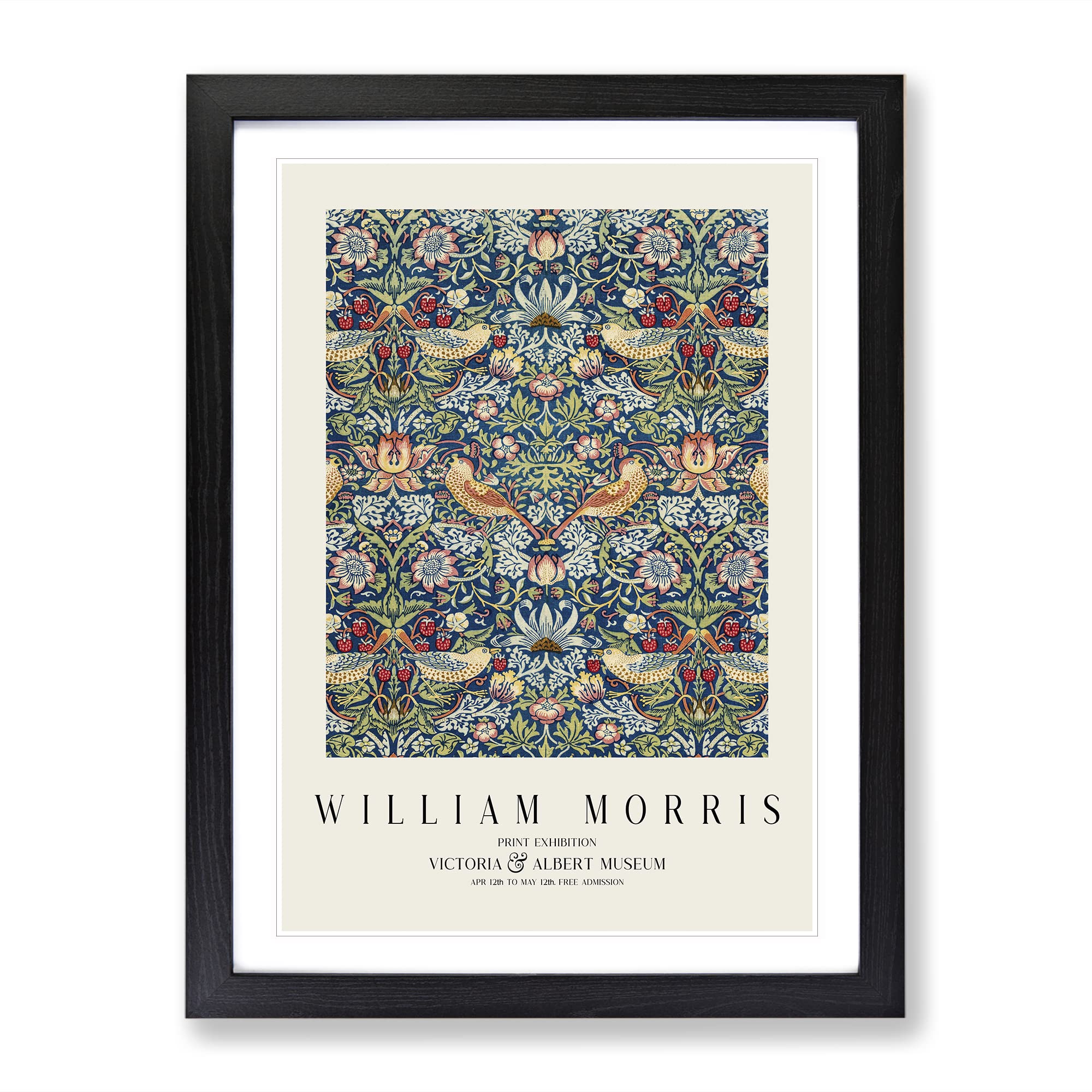 Strawberry Thief Vol.2 By William Morris Exhibition Museum Painting Framed Wall Art Print, Ready to Hang Picture for Living Room Bedroom Home Office Décor, Black A4 (34 x 25 cm)