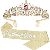 COCIDE "Birthday Queen" Sash and Crystal Tiara Set Tiara and Crowns for Women Birthday Gift for Girl Kit Decorations Set Rhinestone Hair Accessories Glitter Stain Silk Sash for Party