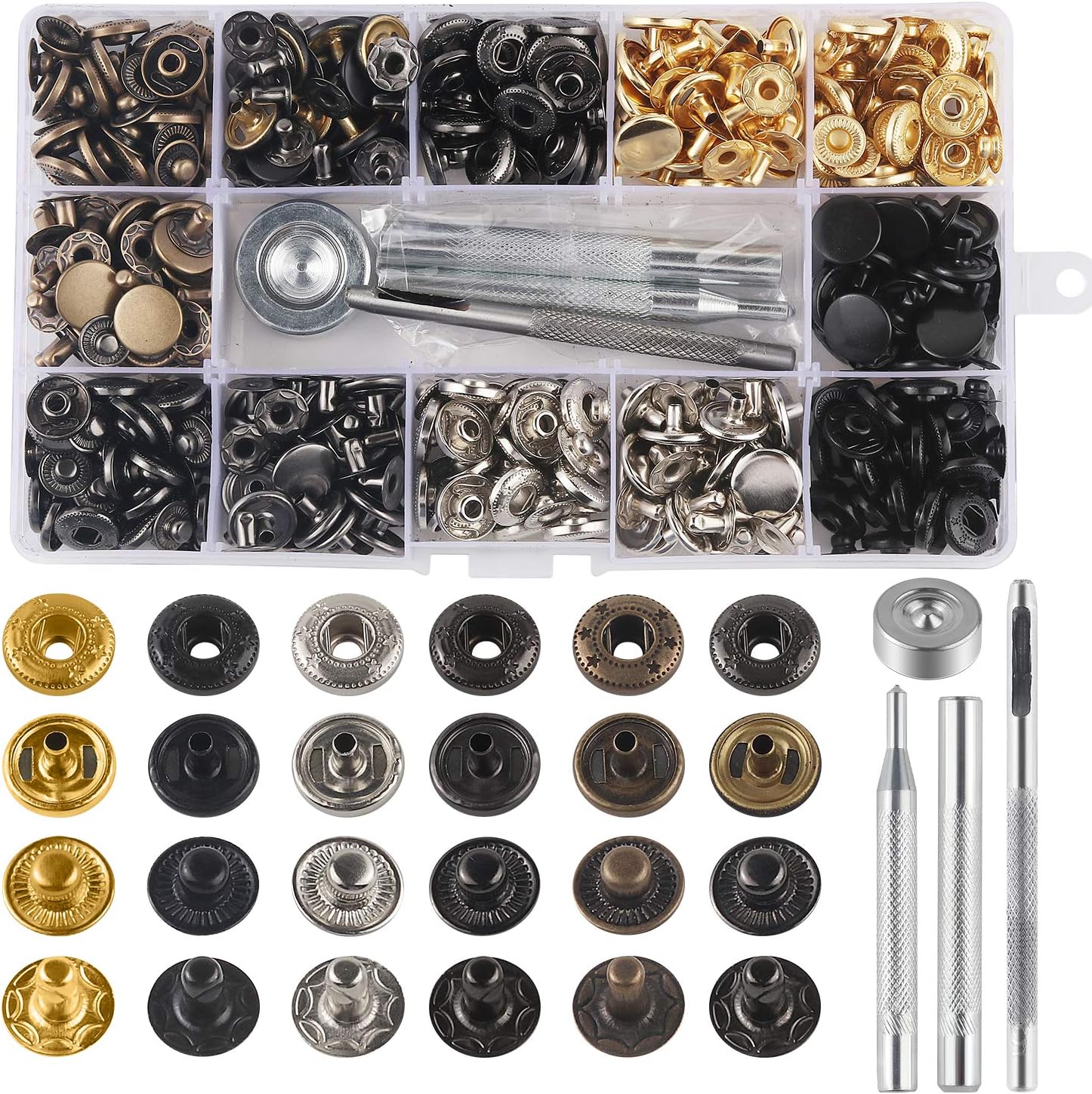 132 Sets Leather Snap Fasteners Kit, MSDADA 12.5 mm Metal Snaps Buttons Press Studs Tool with 4PCS Fixing Tools, Sewing Snaps for Clothes Leather Craft Bracelets Jeans Wears Jackets Bags Belt