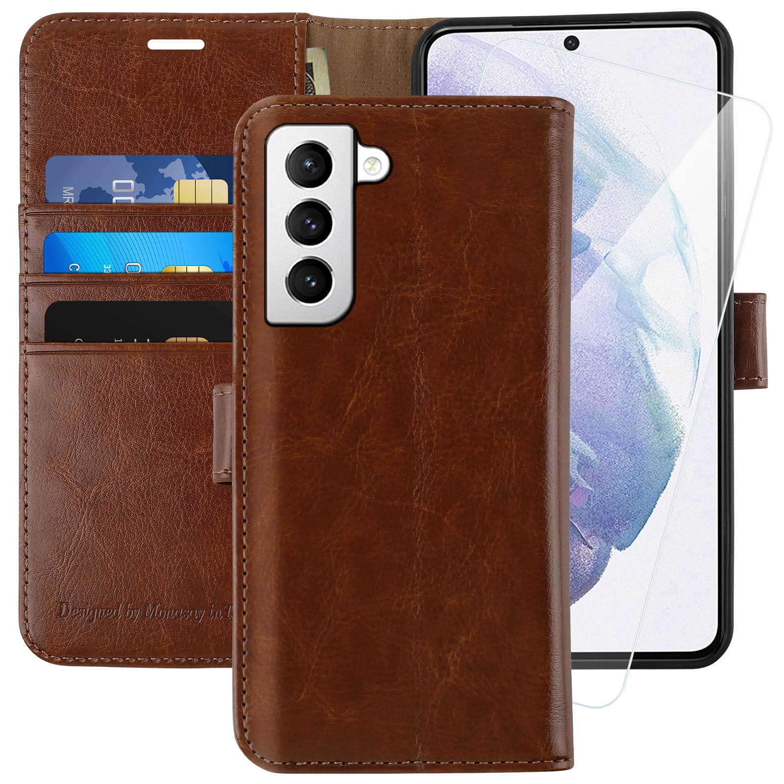 MONASAY Galaxy S21 5G Wallet Case,6.2 inch [Screen Protector Included][RFID Blocking] Flip Folio Leather Cell Phone Cover with Credit Card Holder for Samsung Galaxy S21 5G,Brown