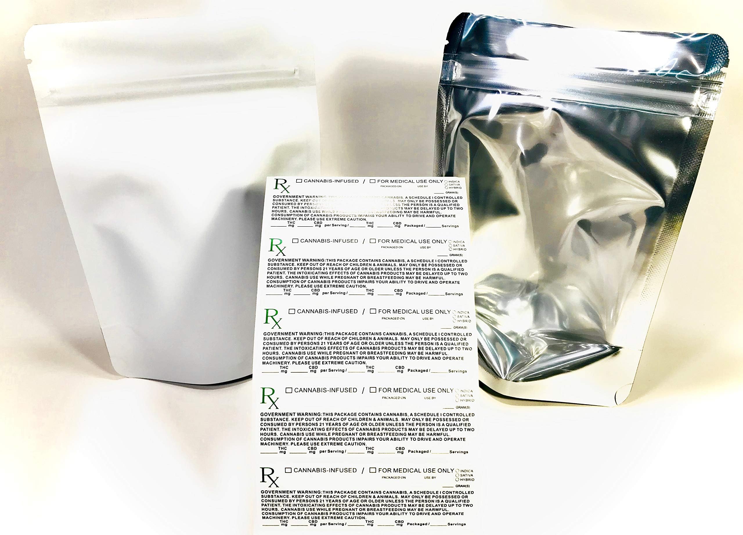 50 pk Smell Proof Resealable Mylar Bags & 50 New 2019 Compliant Rx Labels, PLUS SIZE 1/4 oz Quarter 4.5 x 6.5 x 2" Stand Up Pouch. CHILD RESISTANT HEAT SEALABLE WITH IRON!