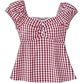 GORGLITTER Girl's Gingham Cute Top Cap Sleeve Sweetheart Neck Ruffle Peplum Summer Babydoll Shirt 8-12 Years for Teen