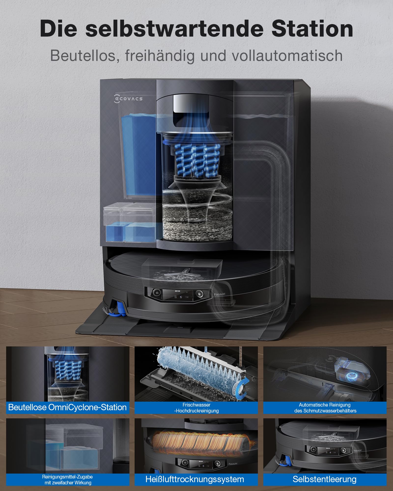 ECOVACS X12 OMNICYCLONE Saugroboter mit Wischfunktion, Blast & 22.000 Pa, FocusJet-System zur Fleckenvorlösung, OZMO Roller 3.0, Ausfahrender Wischmopp, PureCyclone 2.0 Auto-Entleerung, Silberschwarz 6