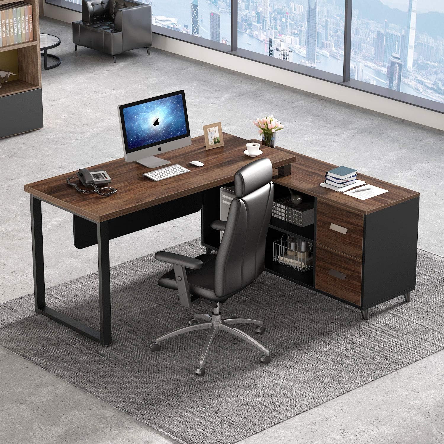 55" LShaped Large Executive Office Desk with Drawers & 47 inch File