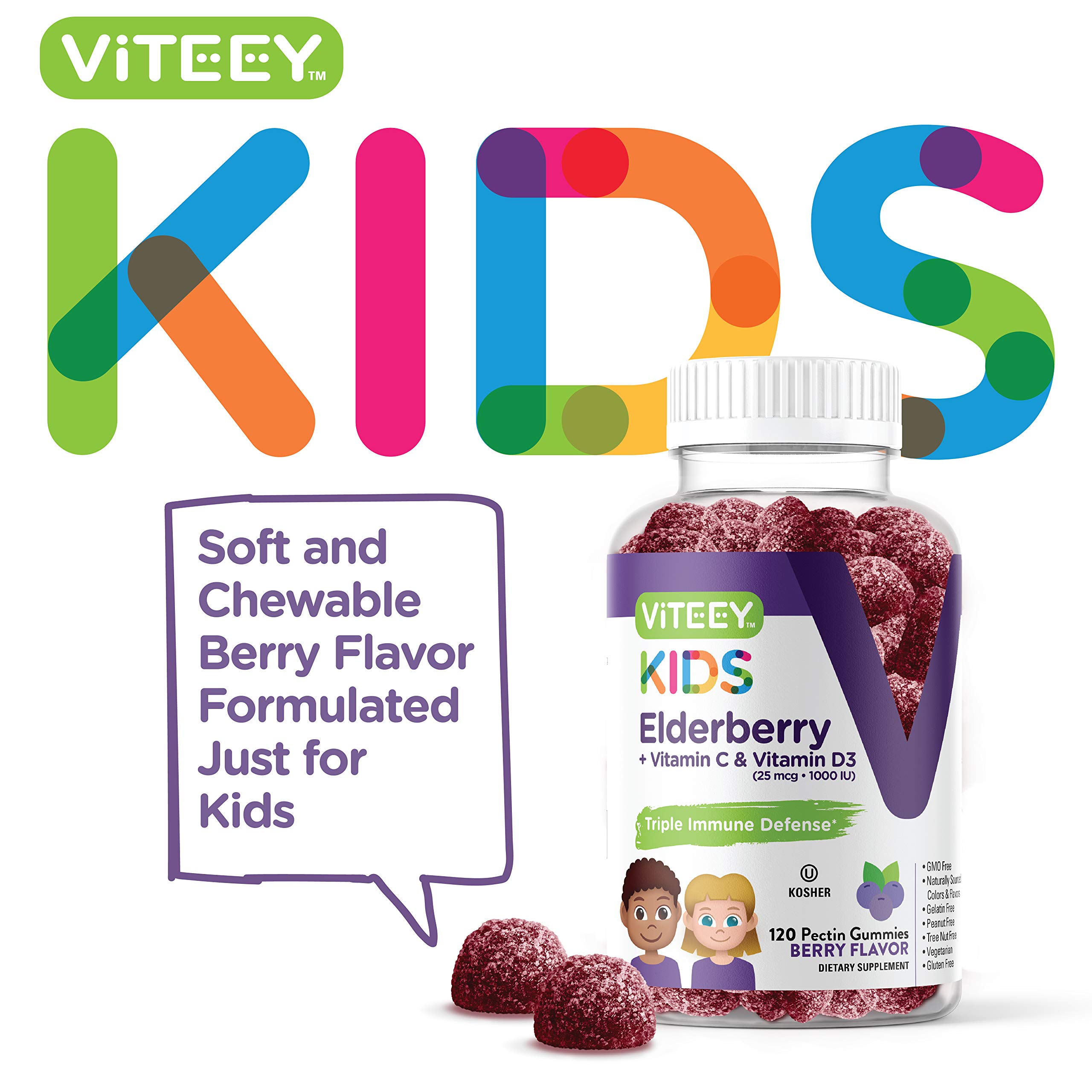 Viteey Sambucus Elderberry Gummies for Kids Immune Support Supplements with Vitamin D3 & Vitamin C 3-1 Immune Booster - Vegetarian, Gelatin Free, Gluten Free, GMO Free - Tasty Chewable Berry Flavored
