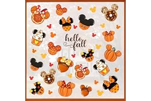 Mfault Hello Fall Cartoon Mouse Window Clings 4 Sheets, Autumn Pumpkin Doughnut Acorn Cupcake Stickers Decals Decorations, Maple Leaves Seasonal Home Kitchen Decor