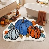 Tinideya Fall Thanksgiving Pumpkin Bath Rug Western Aztec Mat, Blue Pumpkin | Blue Pumpkin Rug for Bedroom Kitchen, Non Slip, Washable, Water Absorbent, 27.5 x 17.7 Inches, Decorative Thanksgiving Decor