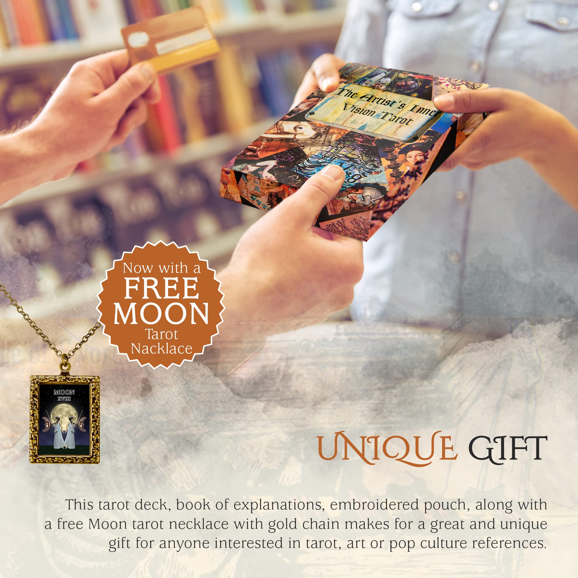 NoMonet Collaborative Tarot Deck & Book Set, Artist's Inner Vision - 78 Cards, 26 Artists, Brocade Bag, Necklace - Esoteric, Timeless, Classical, Modern - Includes Explanations Book - Unique Gift