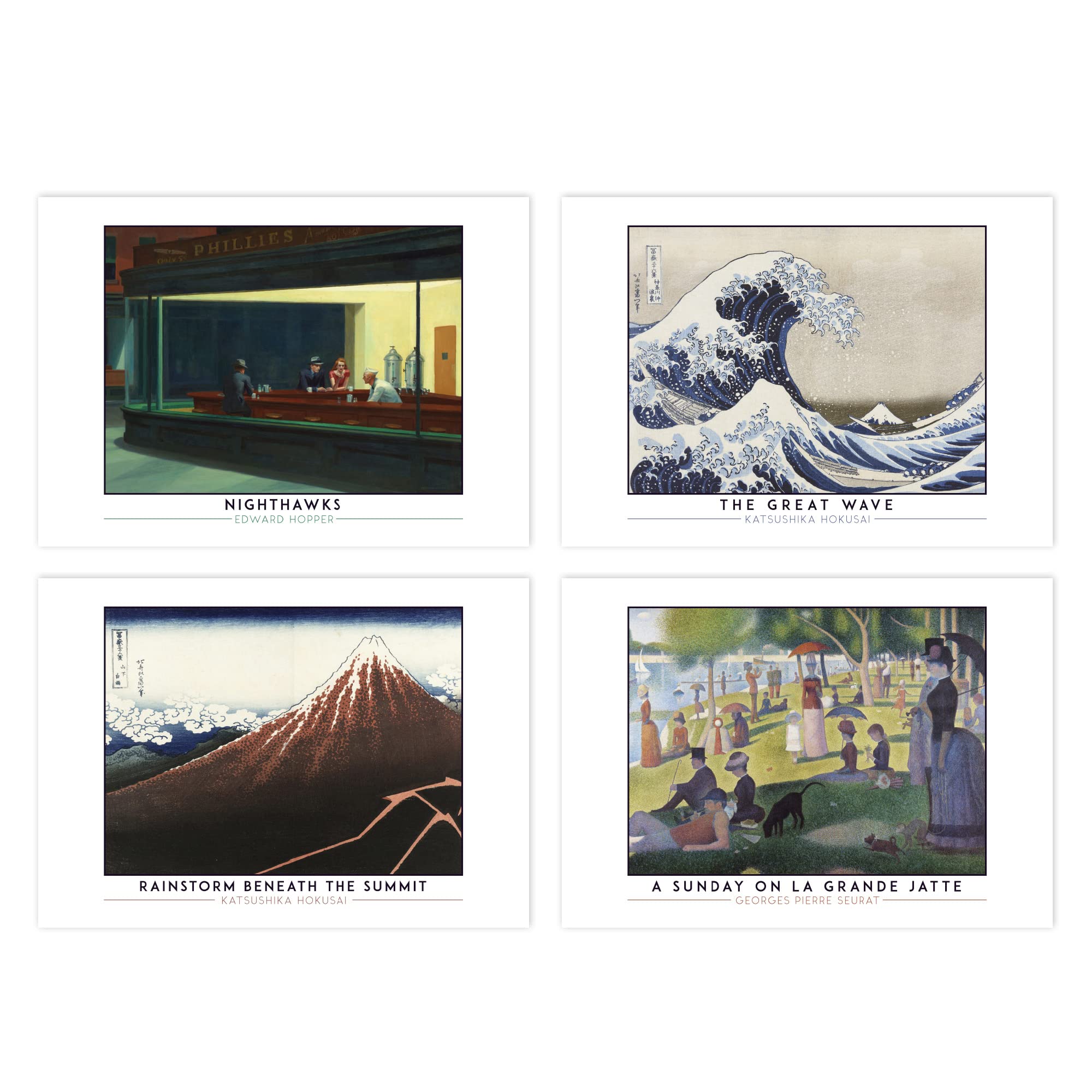 Wee Blue Coo Classic Paintings Hopper Nighthawks Hokusai Great Wave Rainstorm Mount Fuji Seurat Sunday La Grande Jatte A4 Poster Pack of 4 Wall Art