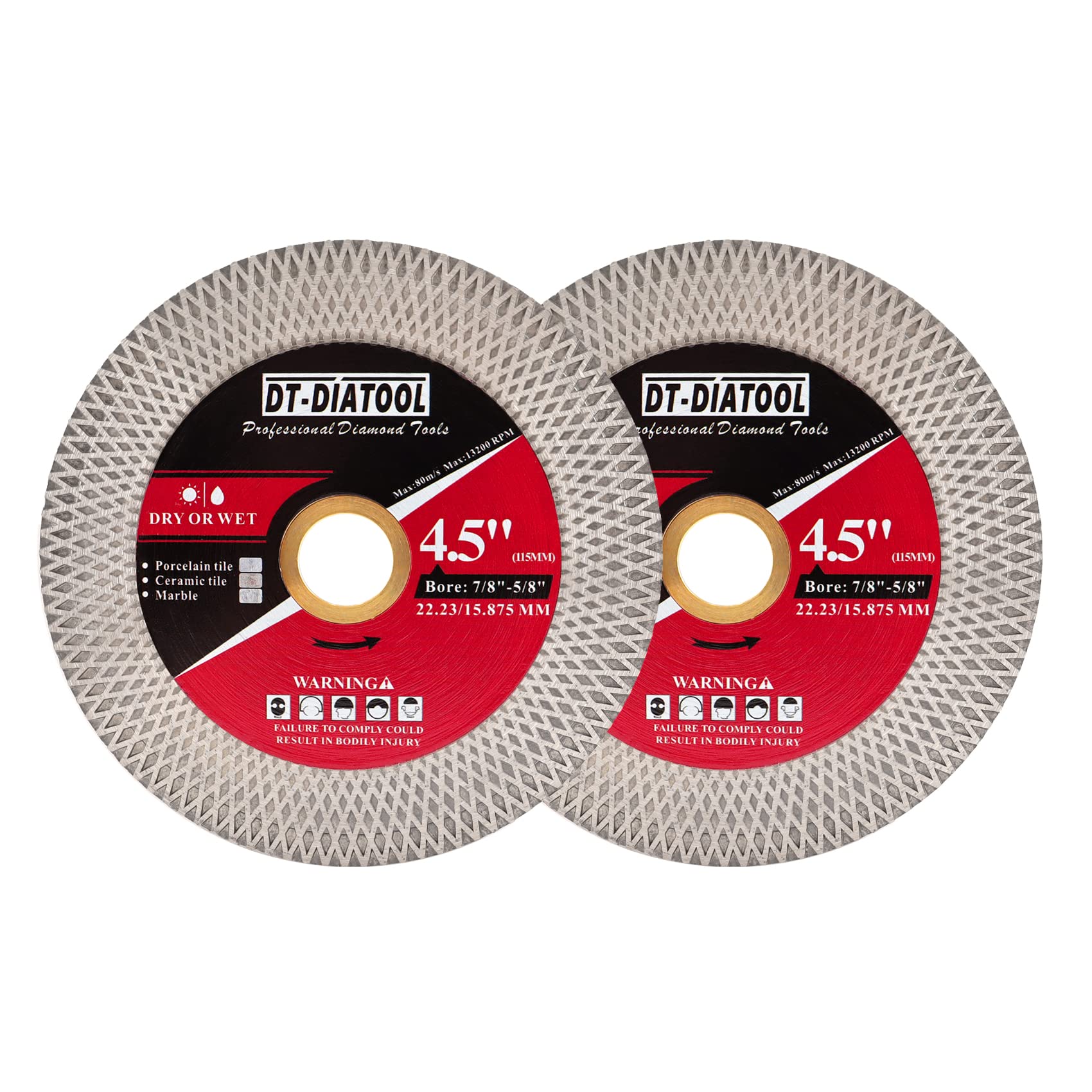 DT-DIATOOL Diamond Tile Cutting Disc 115mm Bore 22.23mm - Double-Sided X Mesh Cutting & Grinding Disc for Porcelain Marble Artificial Stone (2-Pack)