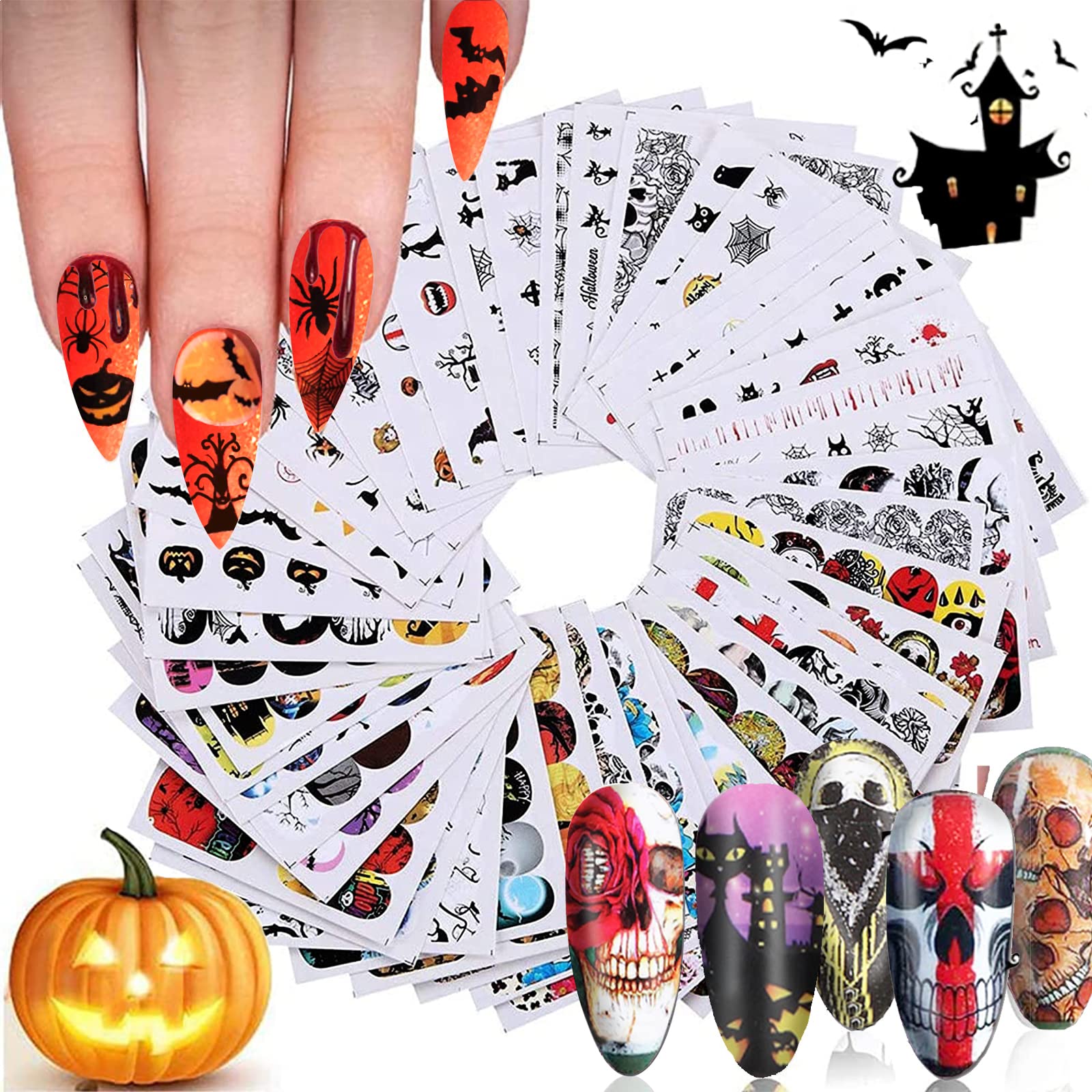 Kalolary 48 Sheets Halloween Nail Art Stickers, Multicoloured Waterproof Paper Nail Decals, Skull/Bat/Ghost/Skull/Spider Web/Devil Nails Design Halloween Decor