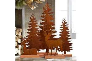 KPX Set of 5 Metal Christmas Tree and Deer Tabletop Decor, Rusty Steel Vintage Evergreen Pine Tree Table Centerpieces - Farmhouse Elk Xmas Holiday Decoration for Room Fireplace Shelf