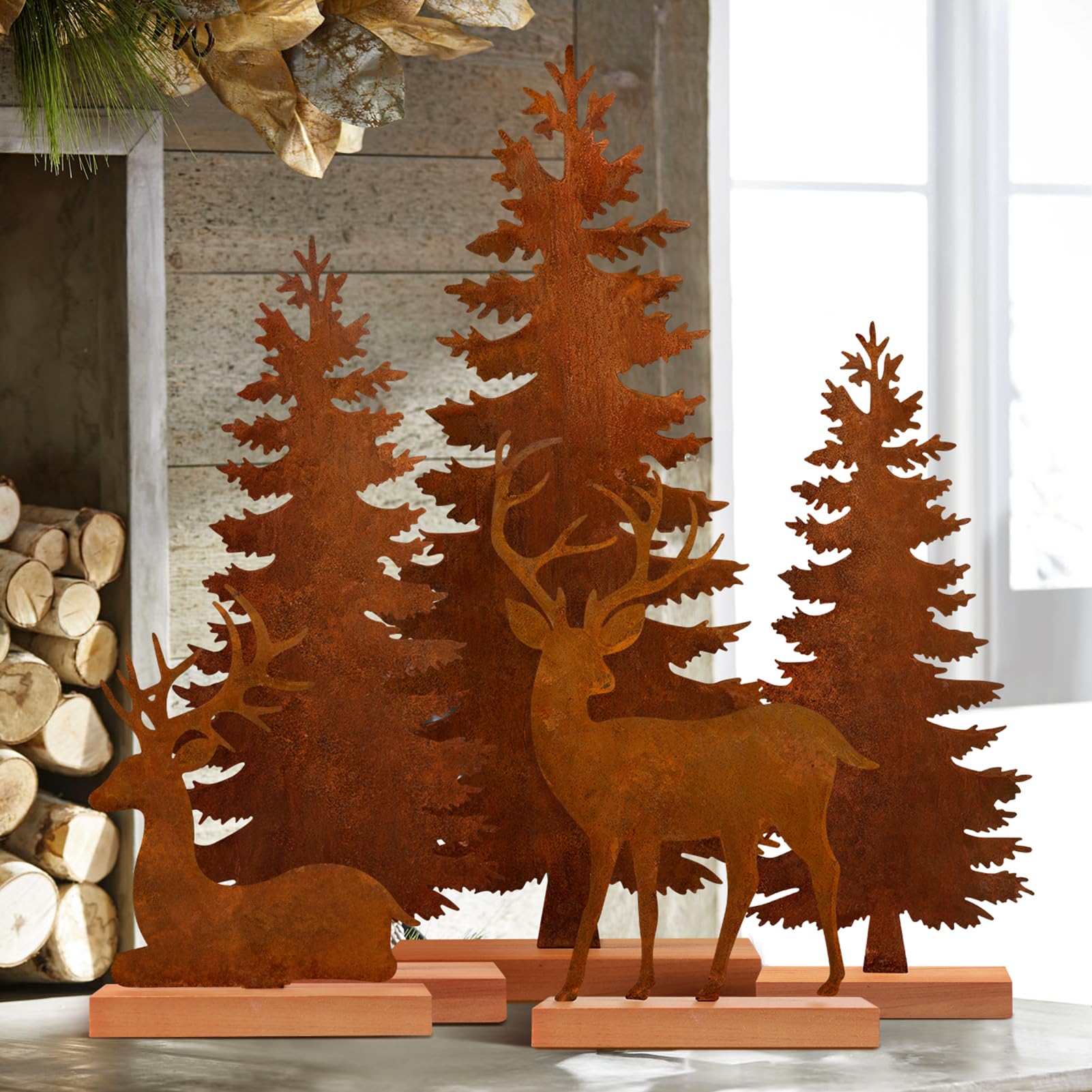 Photo 1 of KPX Set of 5 Metal Christmas Tree and Deer Tabletop Decor, Rusty Steel Vintage Evergreen Pine Tree Table Centerpieces - Farmhouse Elk Xmas Holiday Decoration for Room Fireplace Shelf