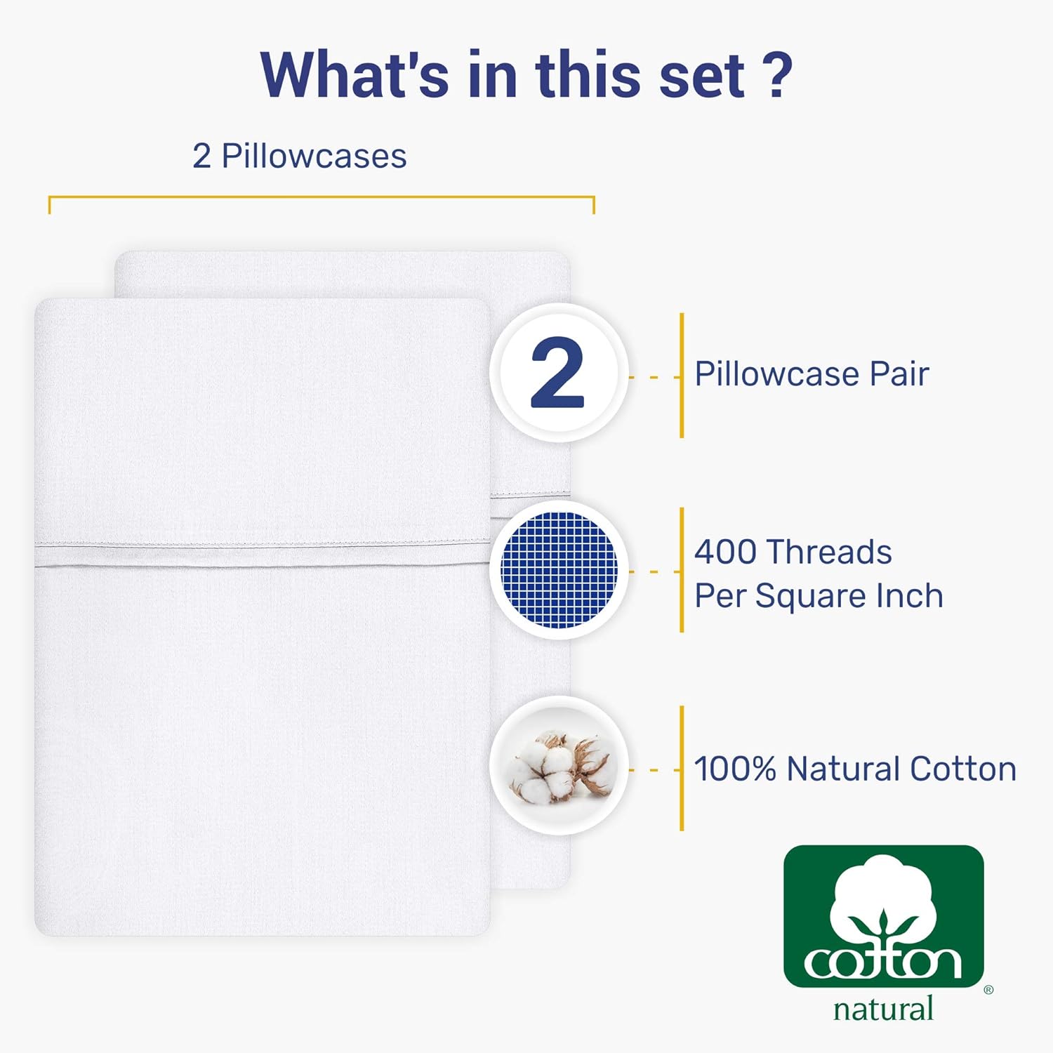 400 Thread Count 100% Cotton Pillow Cases, Pure White Standard Pillowcase Set of 2, Long-Staple Combed Pure Natural Cotton Pillows for Sleeping, Soft & Silky Sateen Weave Bed Pillow Covers: Home & Kitchen