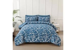 Yogeneg Sliver Metallic Marble Comforter Set Queen Size,7 Piece Bed in a Bag,Foil Print Glitter Blue Comforter and Sheet Set,All Season Soft Microfiber Complete Bedding Sets(Blue,Queen)