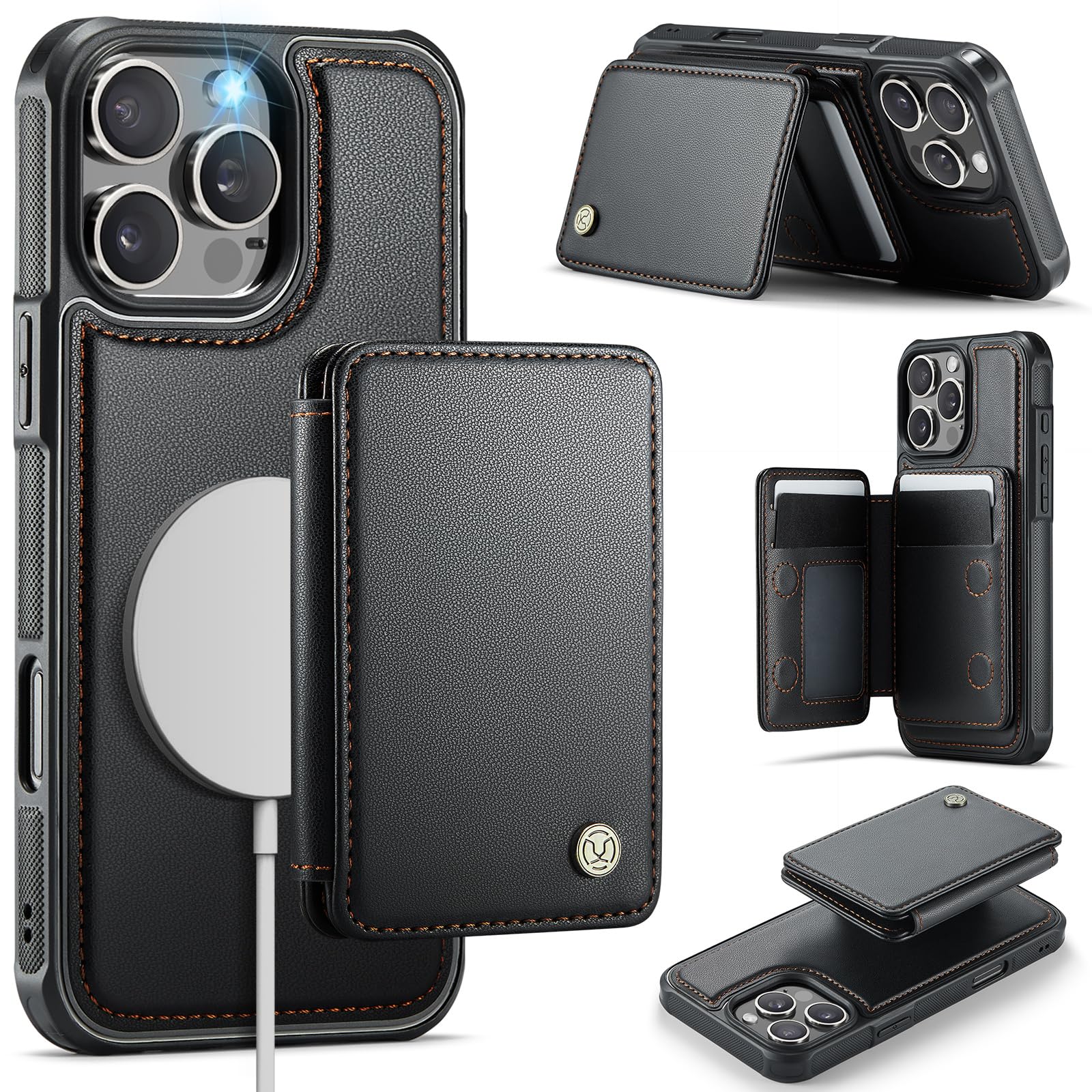 Photo 1 of Usroom Compatible with Magsafe for iPhone 16 Pro Max Wallet Case Magnetic Card Holder, RFID Blocking 2 in 1 Detachable Kickstand Shockproof Case for Women Men, Black