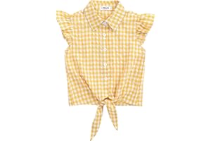 LIONJIE Girls Sleeveless Plaid Button Down Shirt Summer Crop Tops Tie Knot Ruffle Sleeve Shirt Blouse 3-12Y