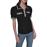Karl Lagerfeld Womens Short Sleeve Tweed Collar Soft Everyday Polo