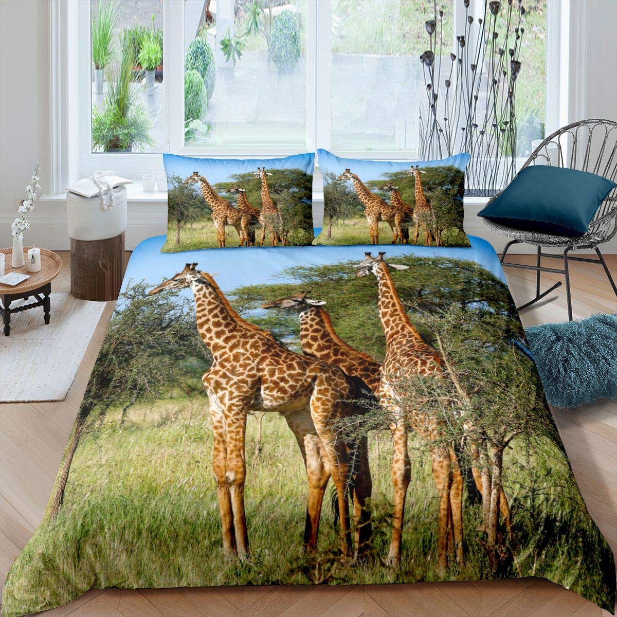 Homemissing Giraffe Comforter Cover Zoo Animal Bedding Set for Boys Girls Safari Wild Duvet Cover Exotic Natural Bedding & Linen Double 3Pcs