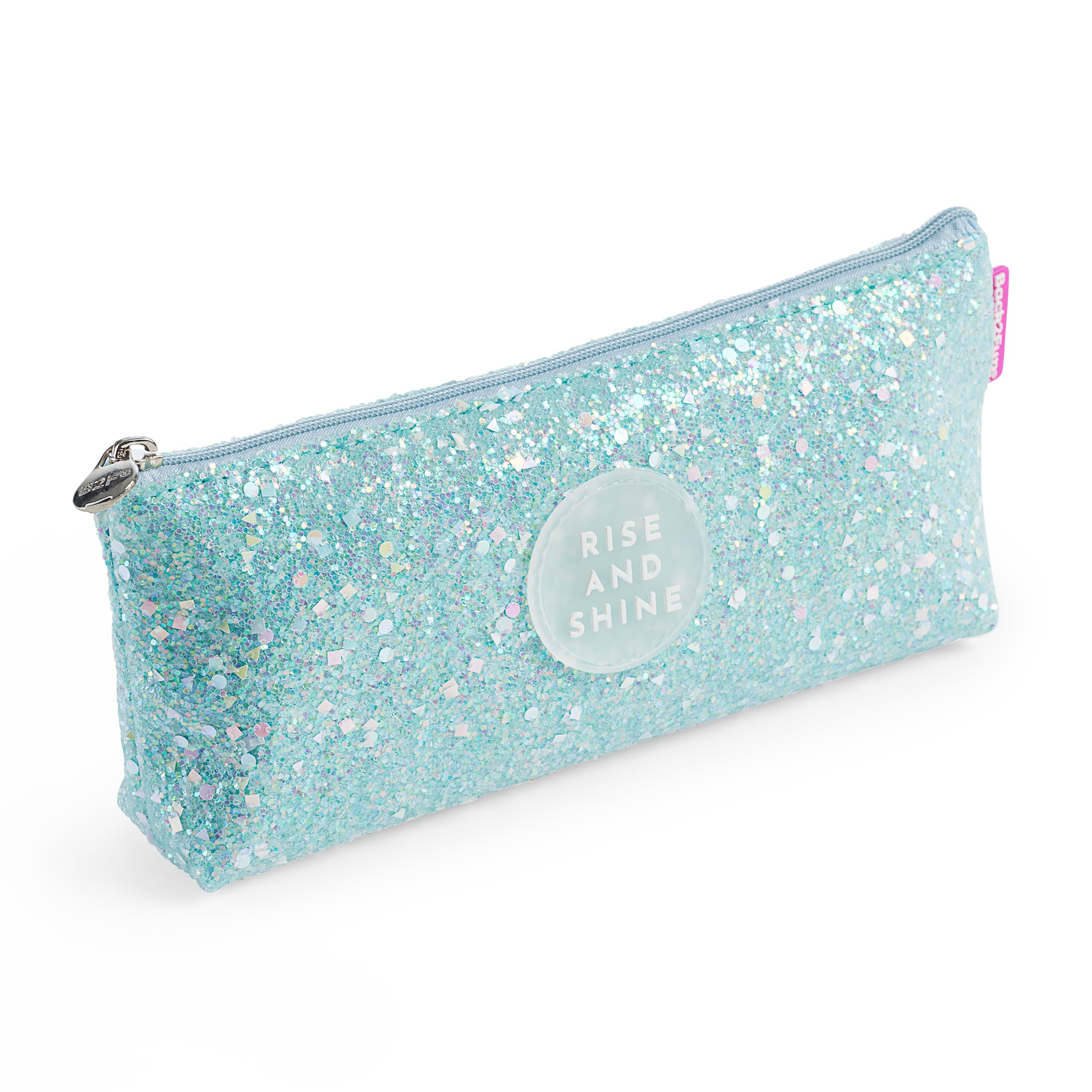 Miquelrius - Glossy Triangular Pencil Case, 1 Compartment Case, Size 200 x 80 x 35 mm, Pencil Case with Glitter and Metal Handle, Zip Closure, Polyester Material, Blue, 200 x 80 x 35 mm, Blue Glitter