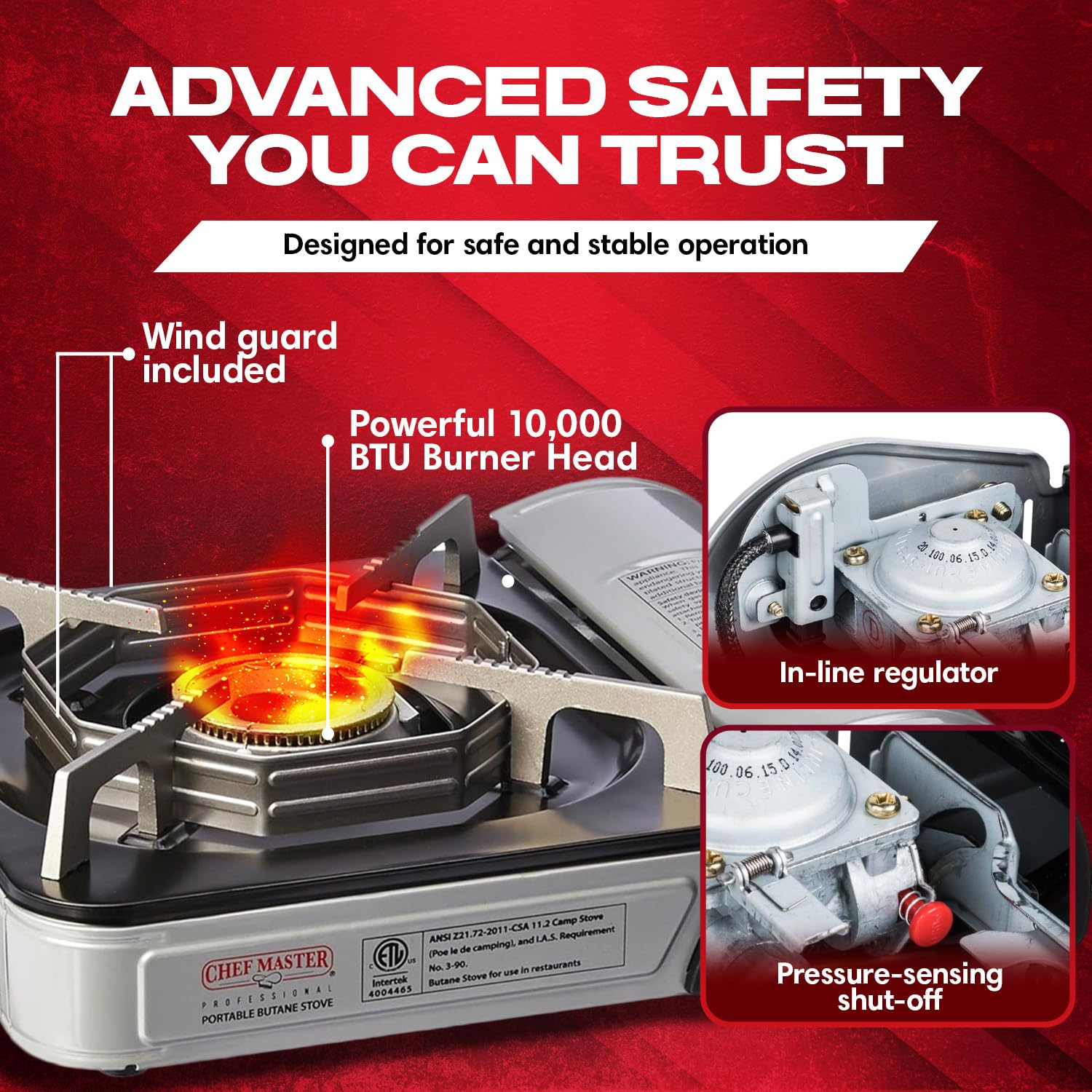 Chef-Master 90011 Butane Countertop Stove, 10 000 BTU Portable with Carry Case, High Performance, Piezo Ignition, Brass Burner, Safety Stop