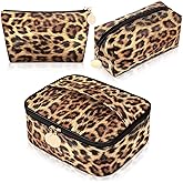 Boao 3 Pcs Leopard Print Cosmetic Bag Set Cheetah Toiletry Travel Makeup Organizer Portable Waterproof Makeup Pouch with Zipper for Women Brush Case Multifunction Purse Handbag
