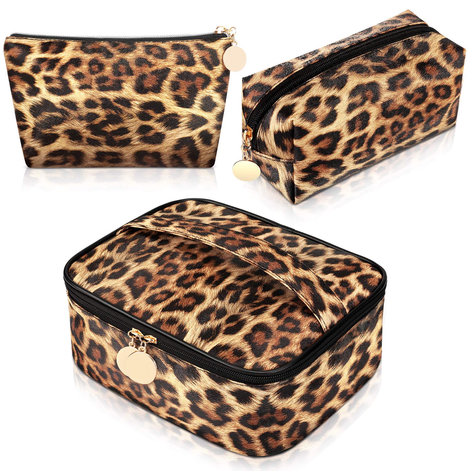 3 Pieces Leopard Print Cosmetic Bag Set Cheetah Toiletry Travel Makeup Bag Portable Makeup Pouch Brush Organizer Purse Handbag for Women