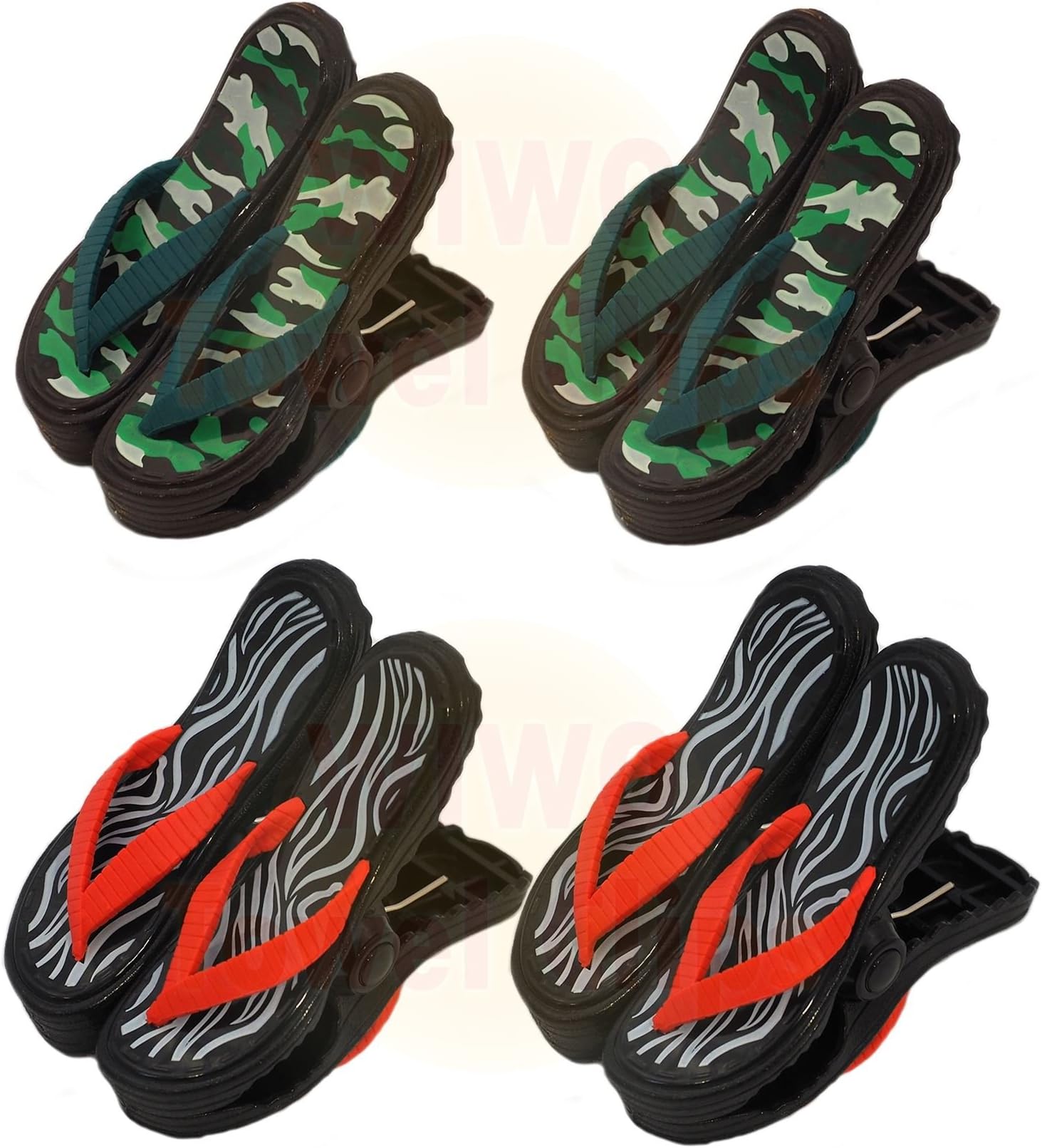 WIWO 4 Pairs of Sandal Flip Flop Towel Clips - 2x Camouflage & 2x Zebra Print