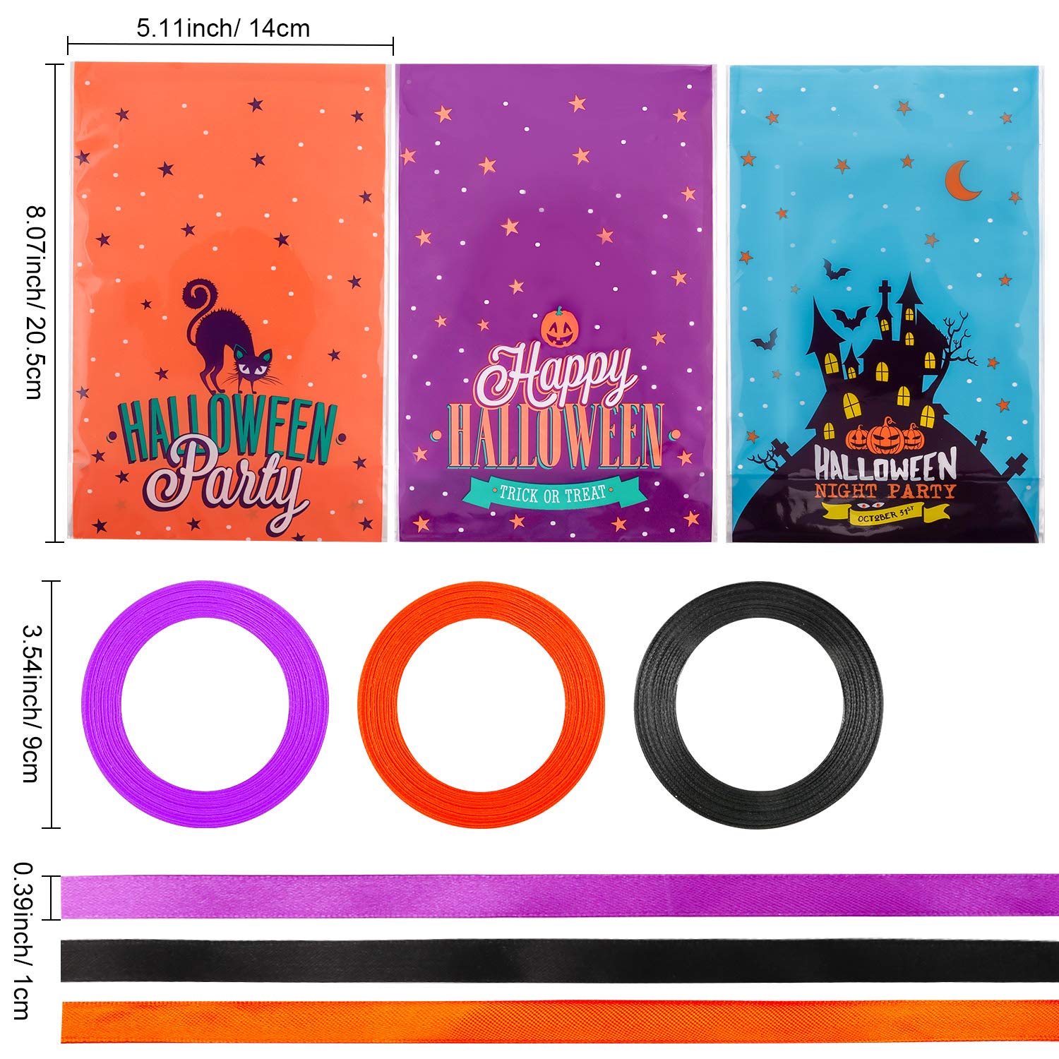 Howaf 150pcs Sacs A Bonbons Halloween Trick Or Treat Pochette Anniversaire Sachet Chocolat Biscuit Sacs De Cadeaux En Plastique Avec 3 Rouleaux Satin Ruban Pour Cadeau De Fete Halloween Favors Jeux Et