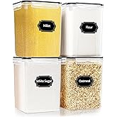 HKJ Chef 4 Pack Large Airtight Food Storage Containers with Lids (5.2L / 176oz), BPA Free Plastic Kitchen and Pantry Organization Contianers for Cereal Flour and Sugar Storage, Labels & Marker