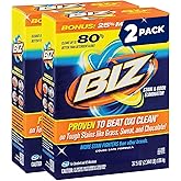 Biz Laundry Detergent Powder, Stain and Odor Eliminator for Tough Stains Like Grass Sweat and Chocolate, Powder Laundry Detergent with 4 Stain Fighters, Color Safe, Unscented, 2 Pack, 75 Oz Total