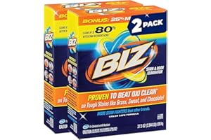 Biz Laundry Detergent Powder, Stain and Odor Eliminator for Tough Stains Like Grass Sweat and Chocolate, Powder Laundry Detergent with 4 Stain Fighters, Color Safe, Unscented, 2 Pack, 75 Oz Total