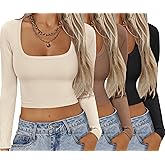 Ekouaer Womens 3 Pack Long Sleeve Crop Tops Square Neck Ribbed Slim Fitted Base Layer Basic Shirt Thermal Undershirts XS-XXL Black/Beige/Brown XXL
