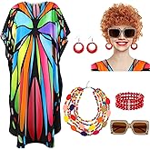 Maiteenly 6 Pcs Carnival Landlady Women Costume Curly Wig Print Caftan Dresses Jewelry Set and Sunglass for Cosplay Party