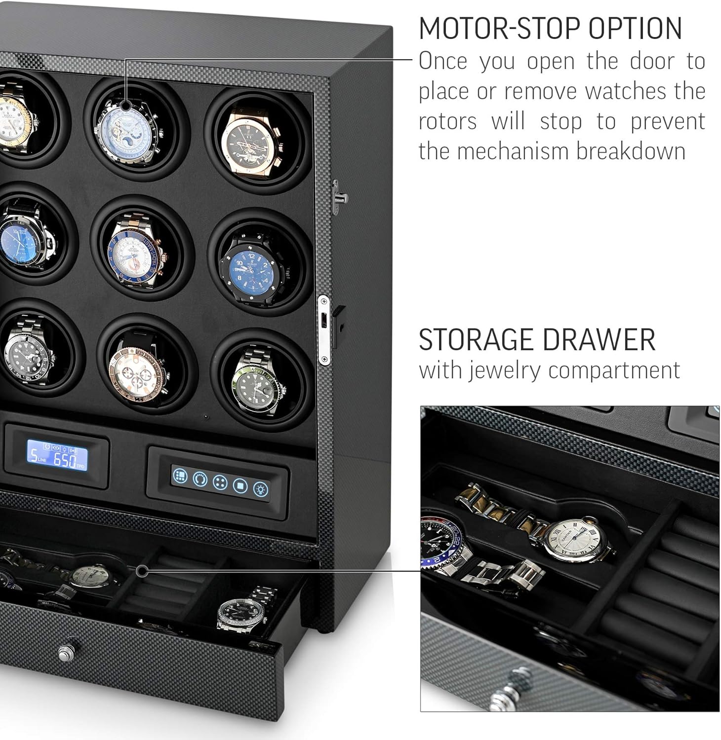 9 Watch Winder with LED Backlight, Remote Control, LCD Display and 2 Watches Storage Compartment (Carbon + Black): Watches