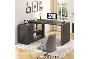 HSH 360° Rotating L-Shaped Computer Desk with Drawers, Industrial Home Office Desk with Storage Cabinet and Shelves, Executiv