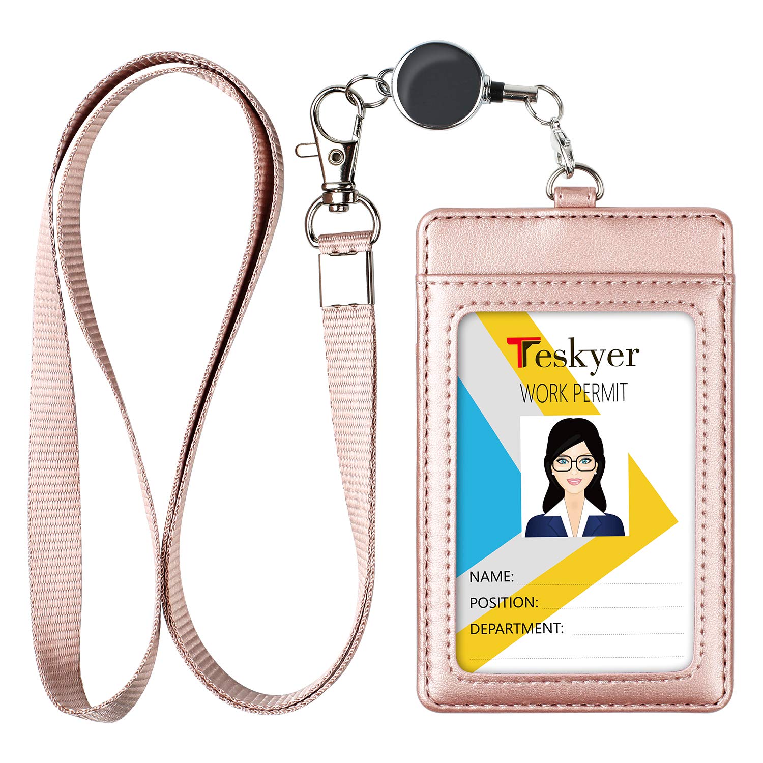 Teskyer Card Holder with Retractable Lanyard, Badge Holder with Clear Window and Holds 2 Cards, PU Leather, Vertical Card Holder for ID Cards, Offices, Schools, Bus Passes, Rose Gold
