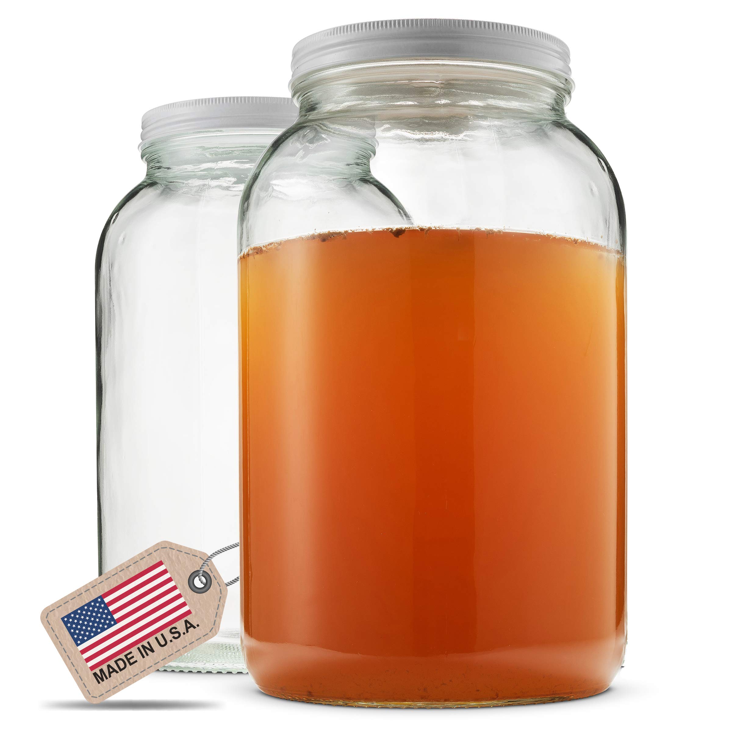 Paksh Novelty Wide Mouth 1 Gallon Clear Glass Jar + Metal Lid With Airtight Liner Seal • Use for Fermenting Kombucha/Kefir, Storing and Canning • USDA Approved, Dishwasher Safe (2 Pack)